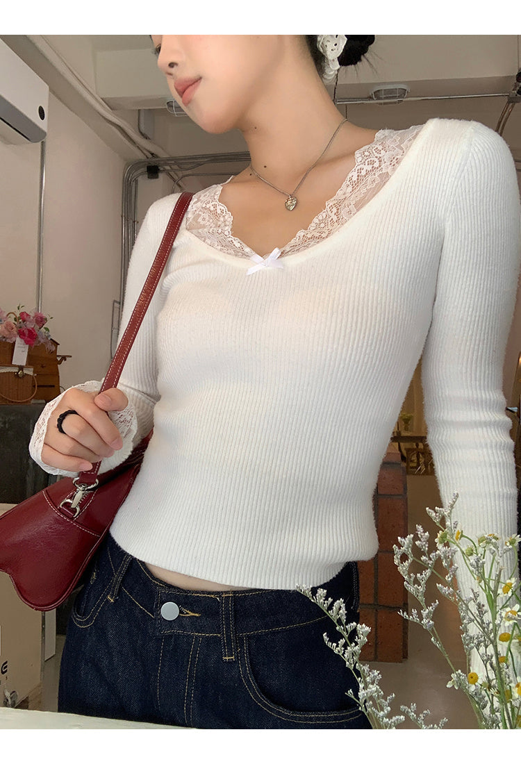 Retro Lace Trim Long Sleeve Top