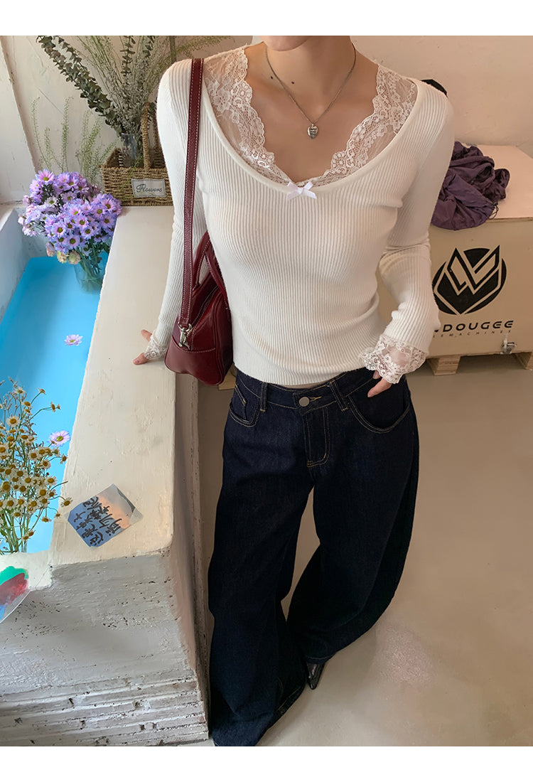 Retro Lace Trim Long Sleeve Top
