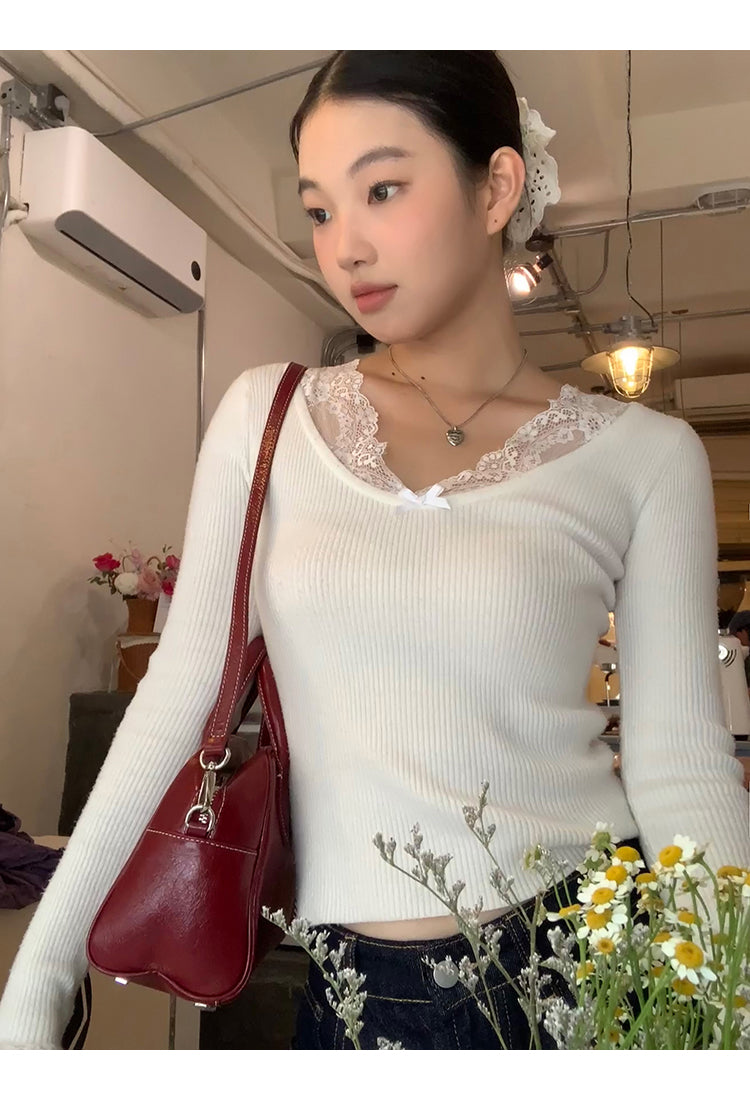Retro Lace Trim Long Sleeve Top