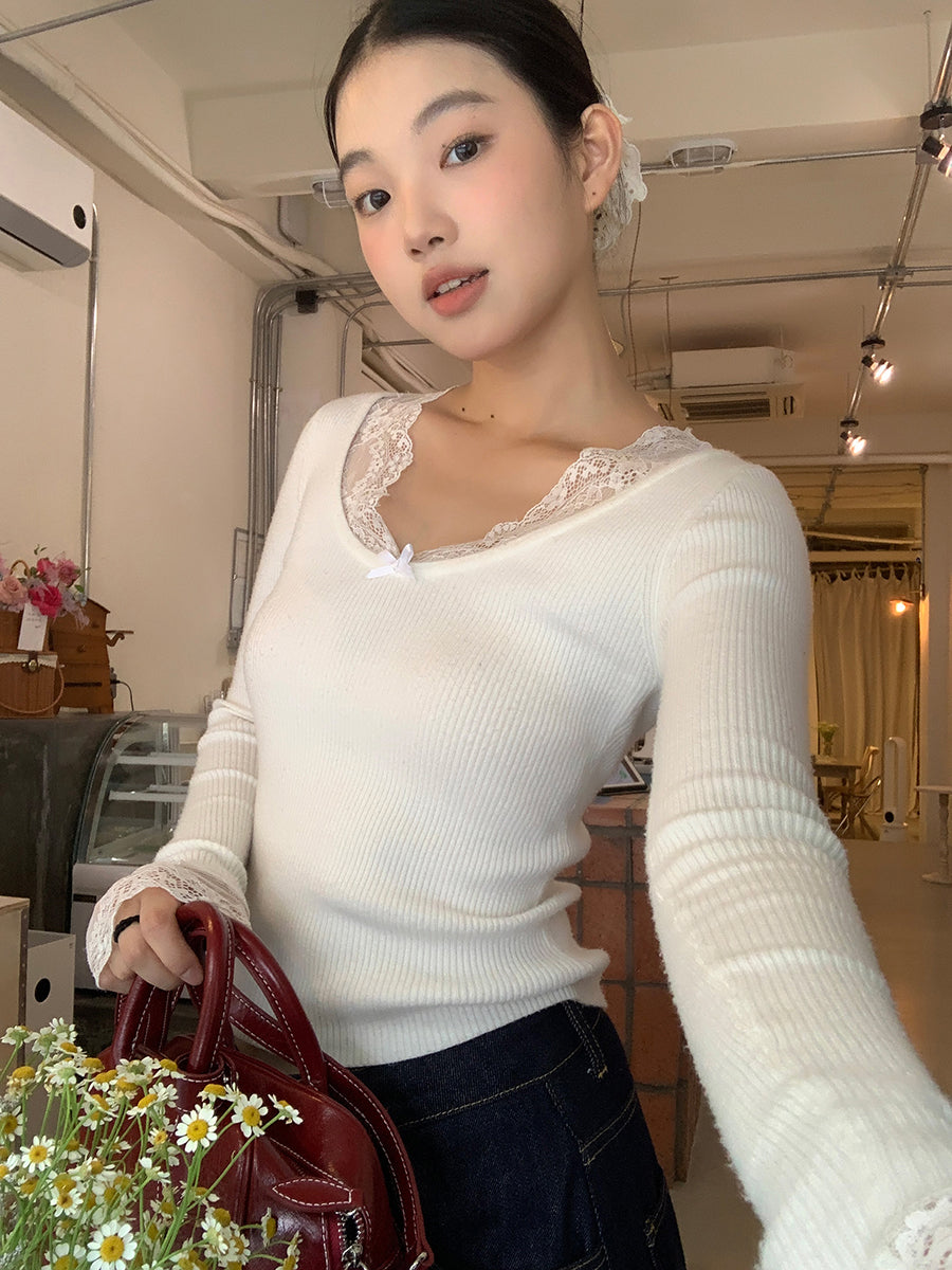 Retro Lace Trim Long Sleeve Top