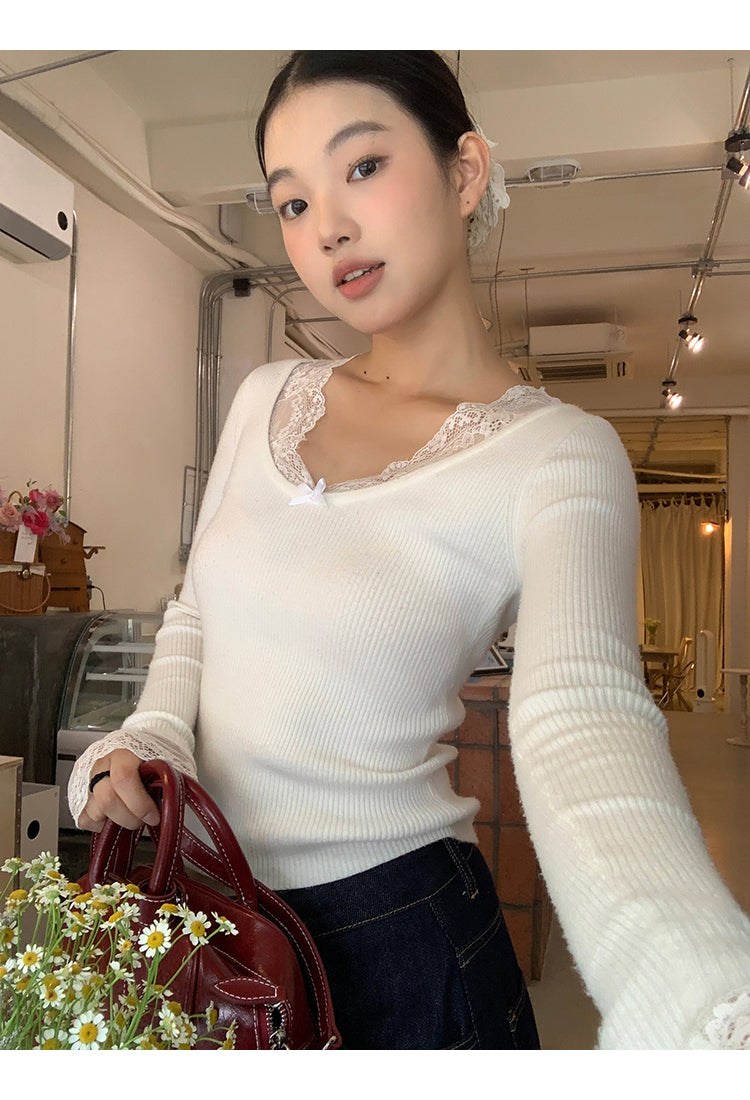 Retro Lace Trim Long Sleeve Top