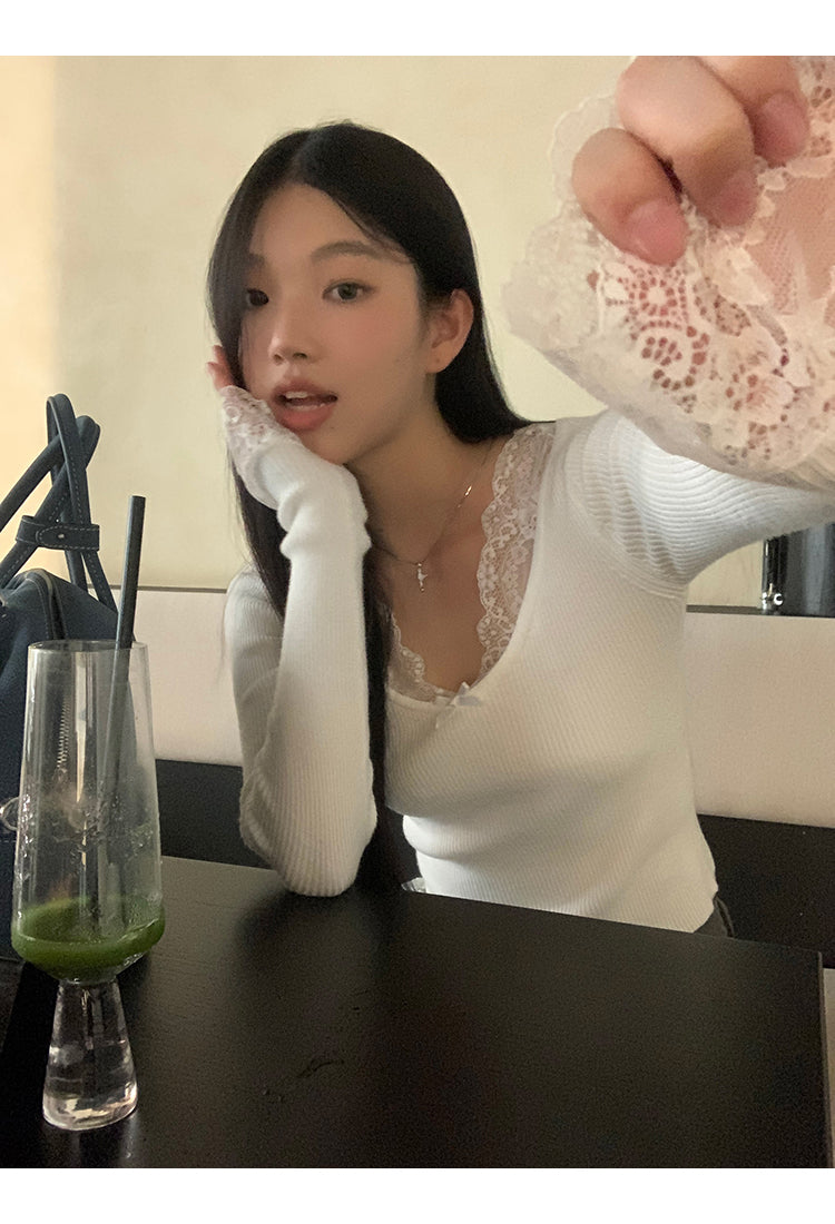 Retro Lace Trim Long Sleeve Top