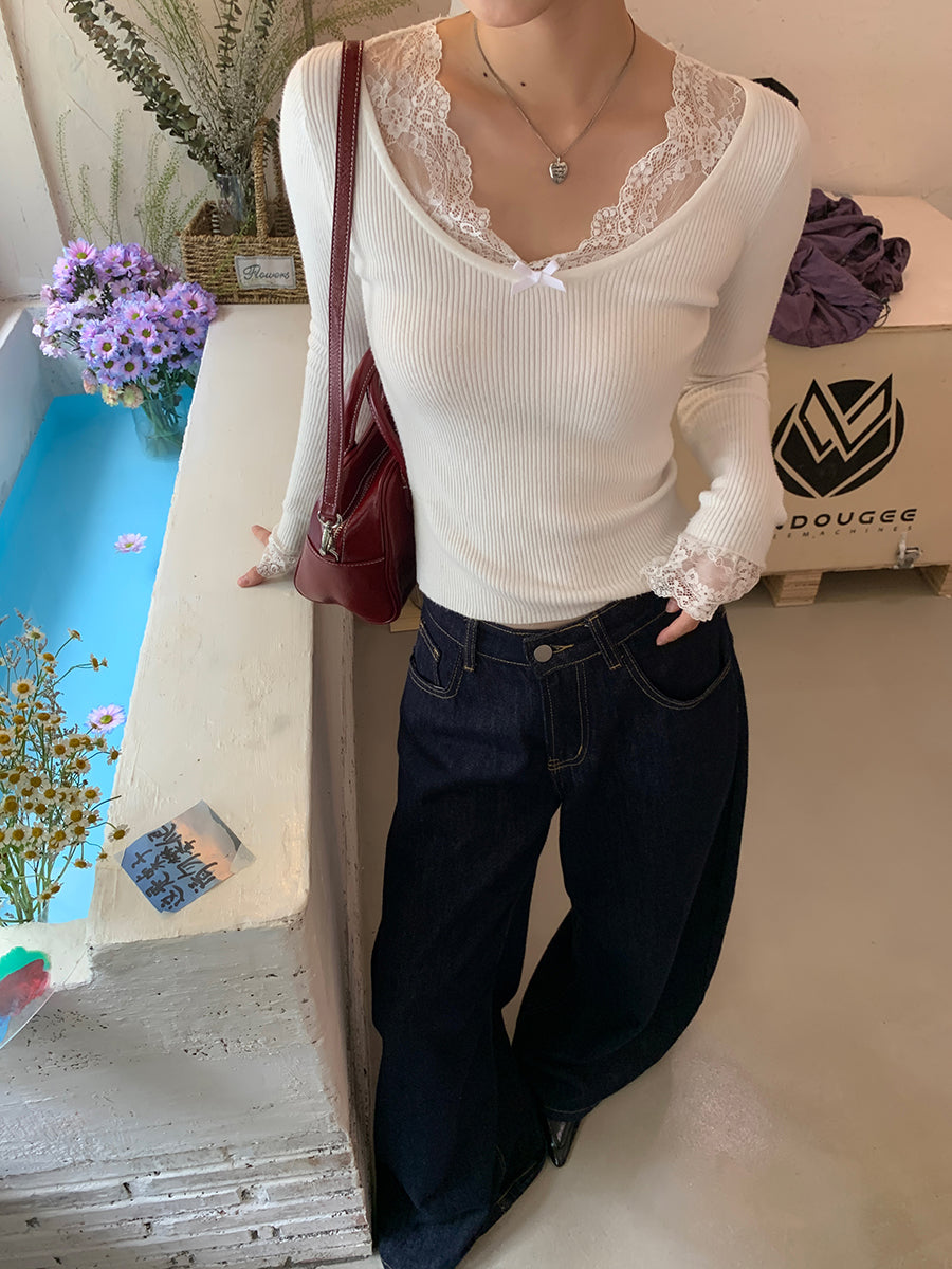 Retro Lace Trim Long Sleeve Top