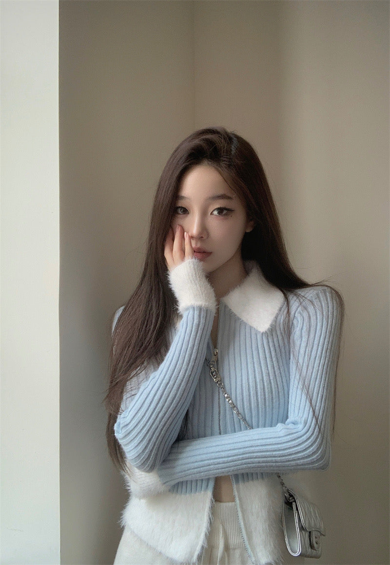 Faux Fur Knitted Zipper Pullover Top