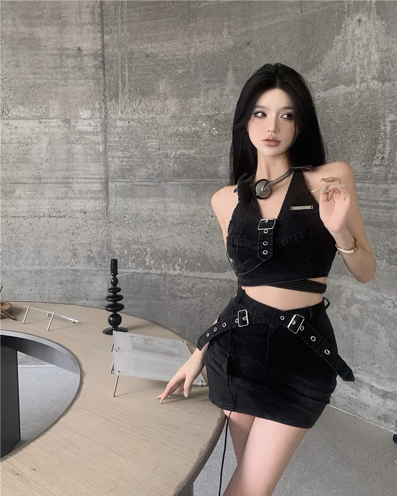Belted Denim Top & Skirt Set