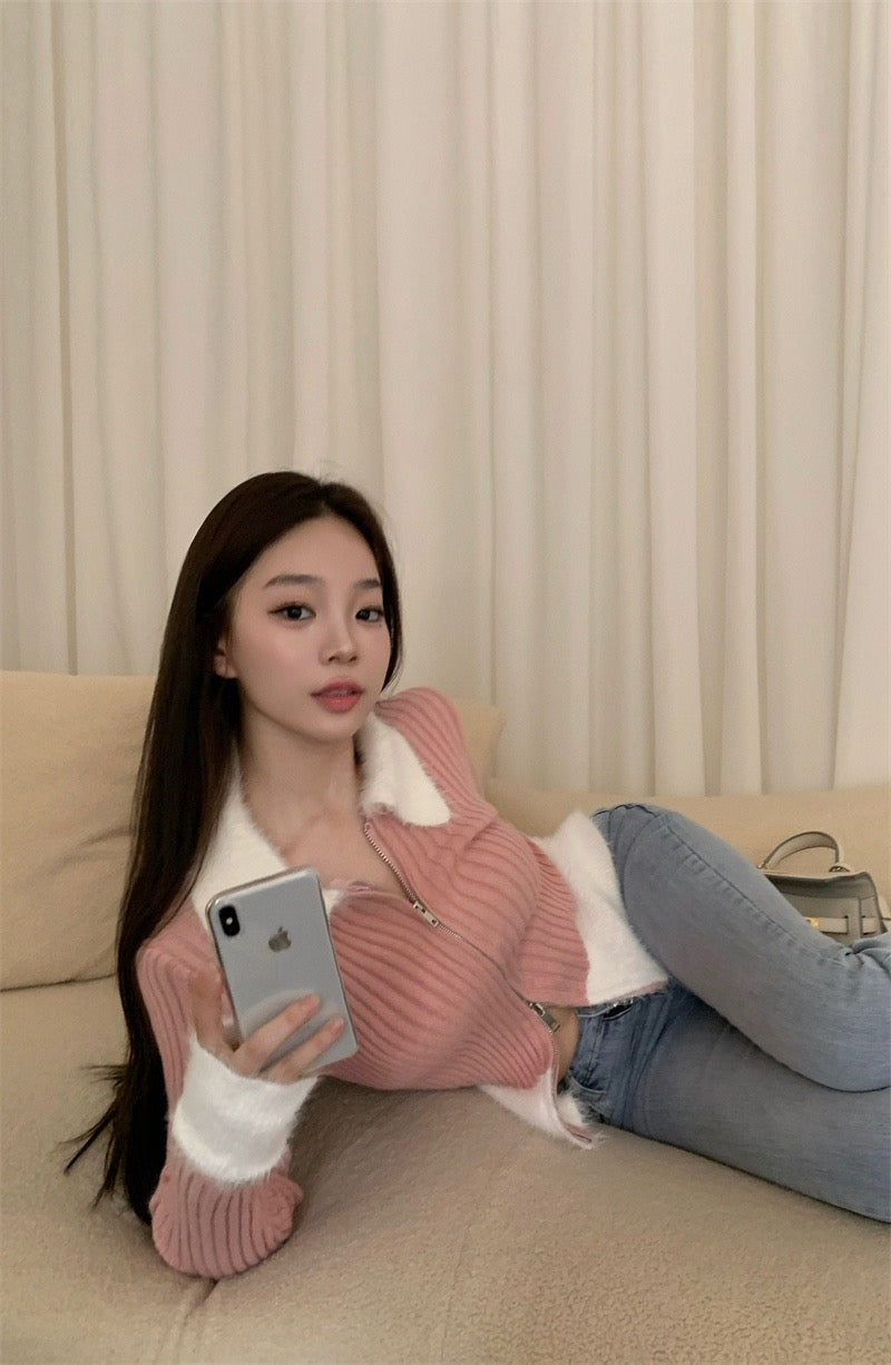 Faux Fur Knitted Zipper Pullover Top
