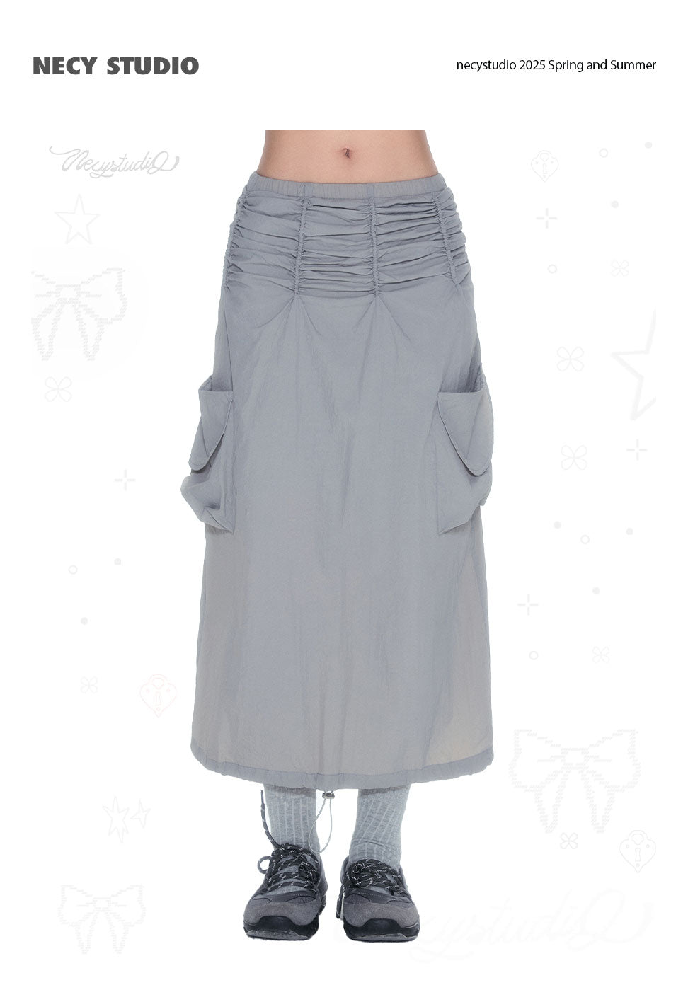 グレーのダブルポケットプリーツAラインスカート
