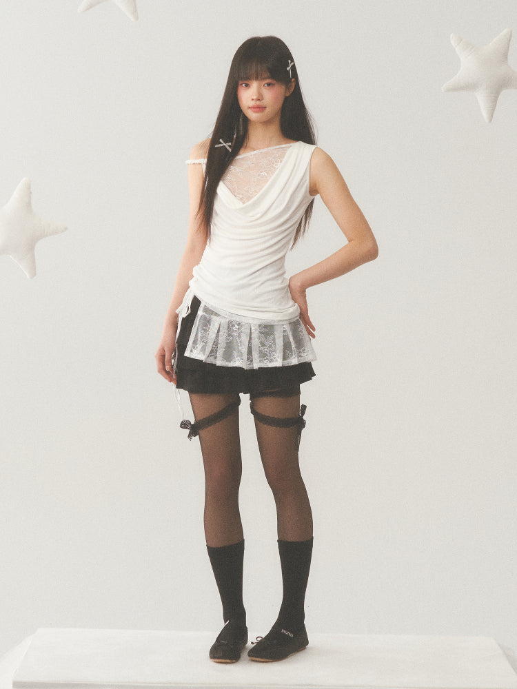 Asymmetric Lace Cut Drape Top