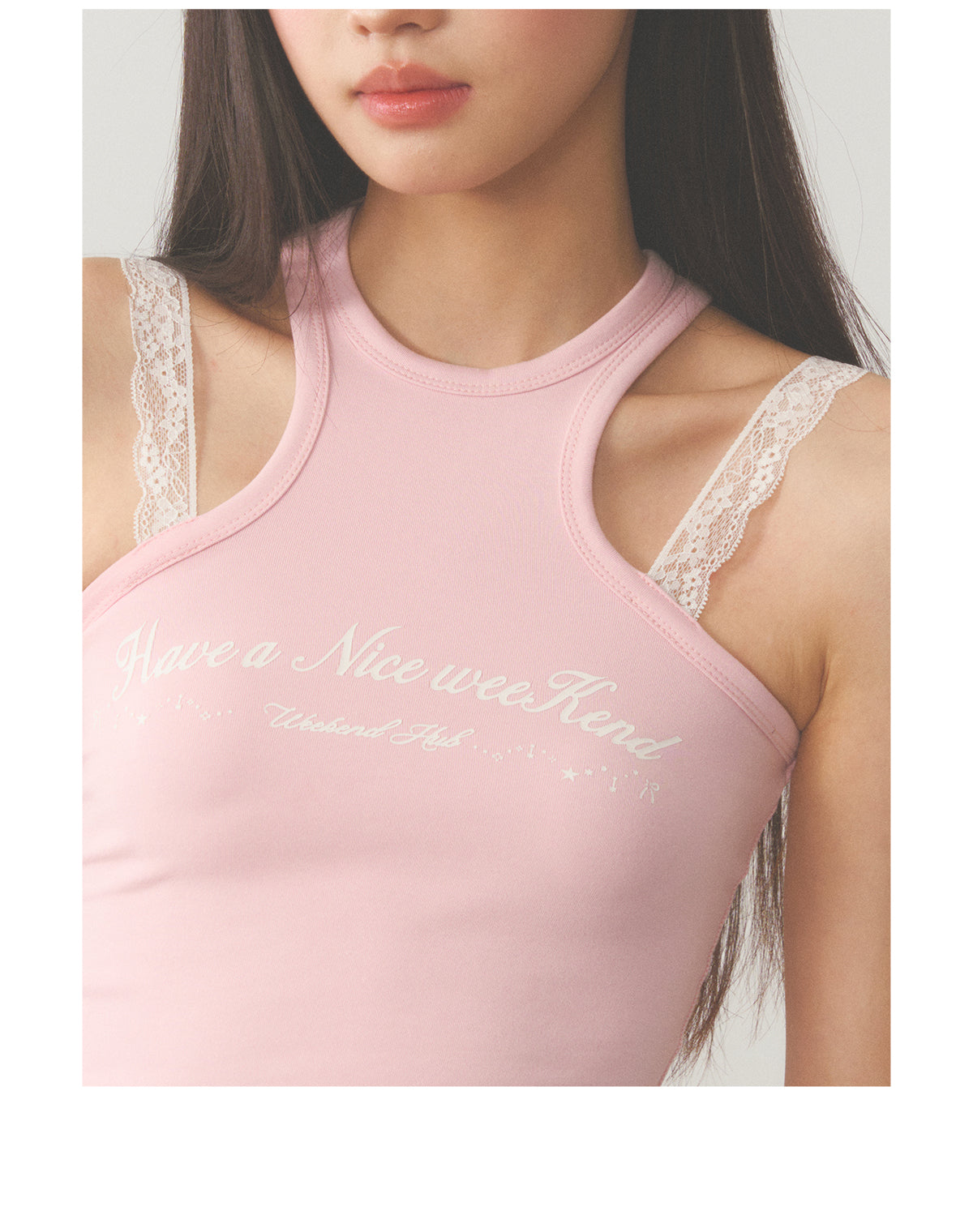 White Lace Accent Strap Pink Top