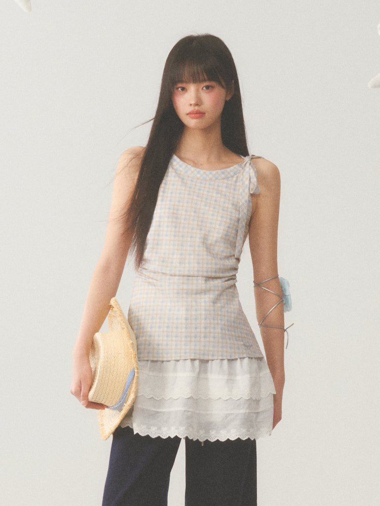 Plaid Layered White Trim Dress