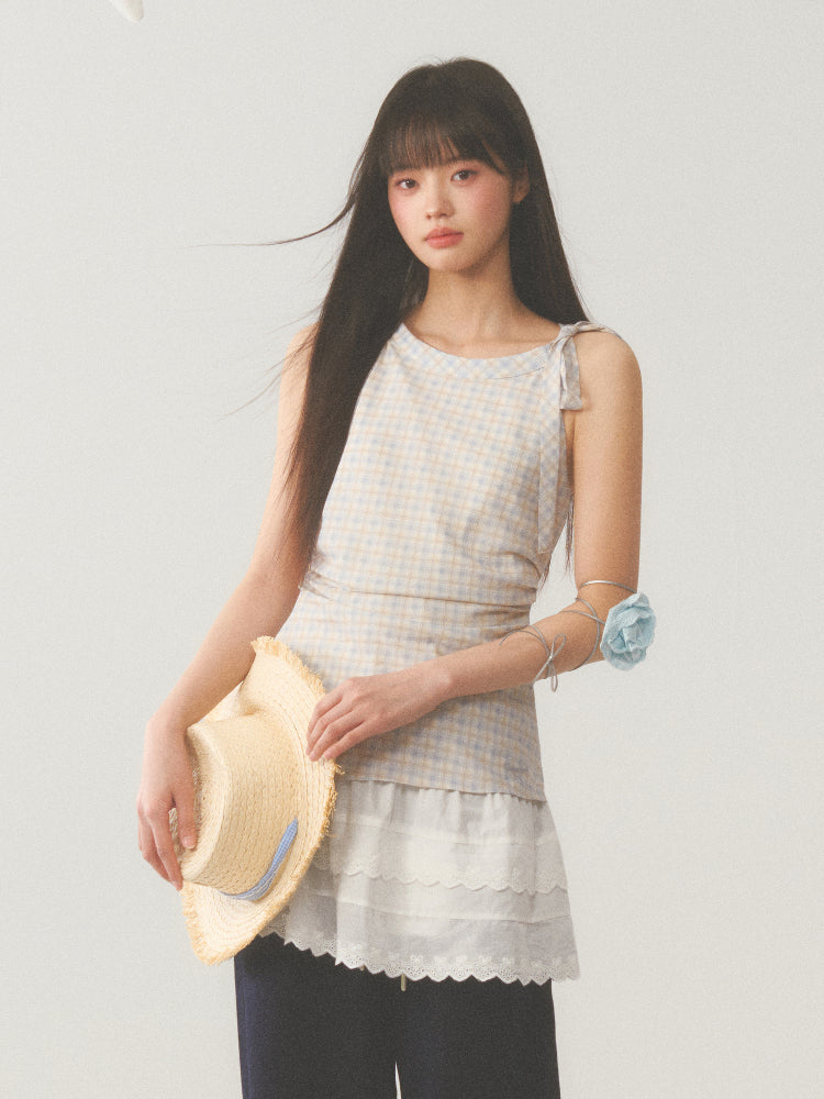 Plaid Layered White Trim Dress