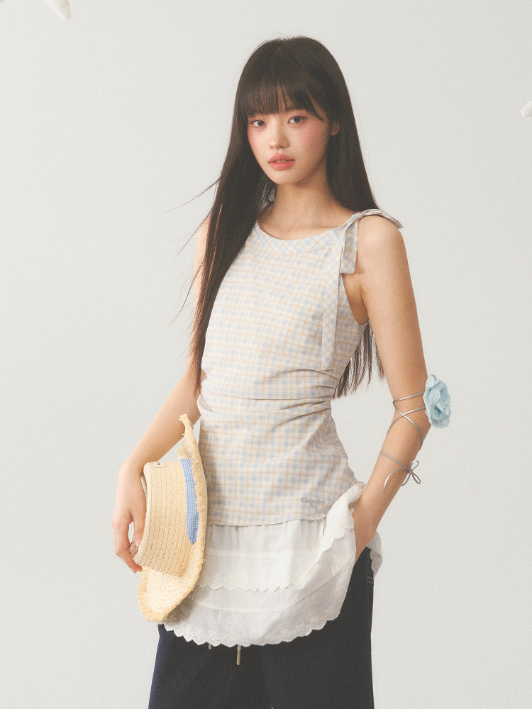 Plaid Layered White Trim Dress