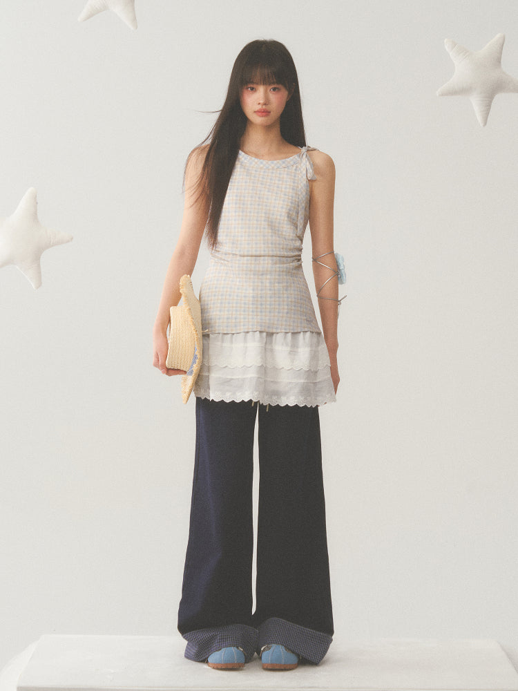 Plaid Layered White Trim Dress