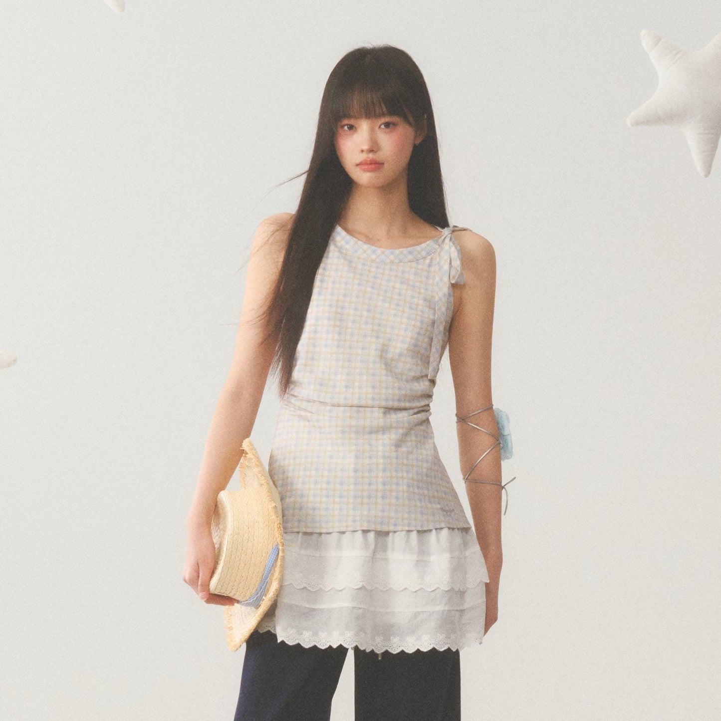 Plaid Layered White Trim Dress
