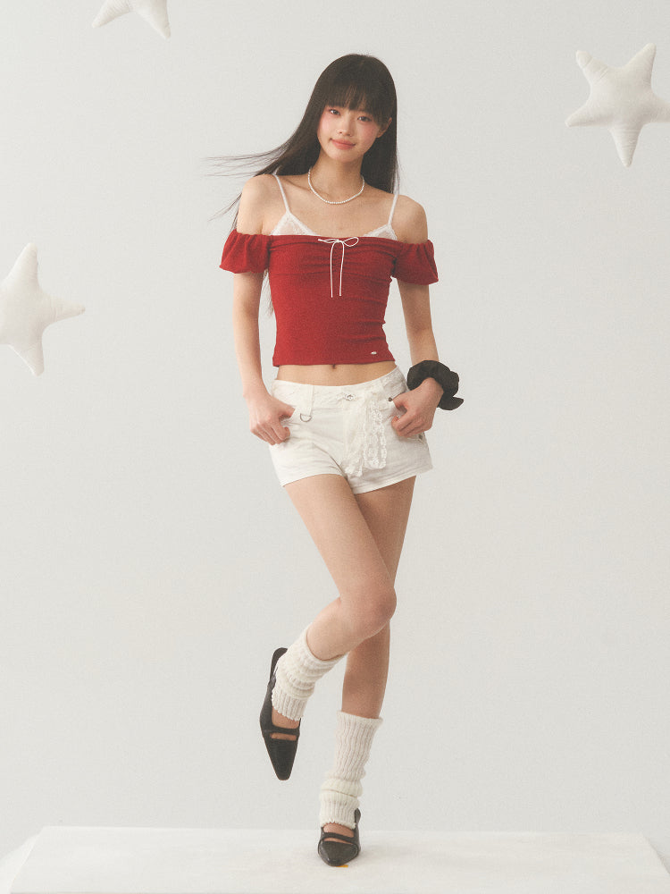 White Strap Red Off Shoulder Top