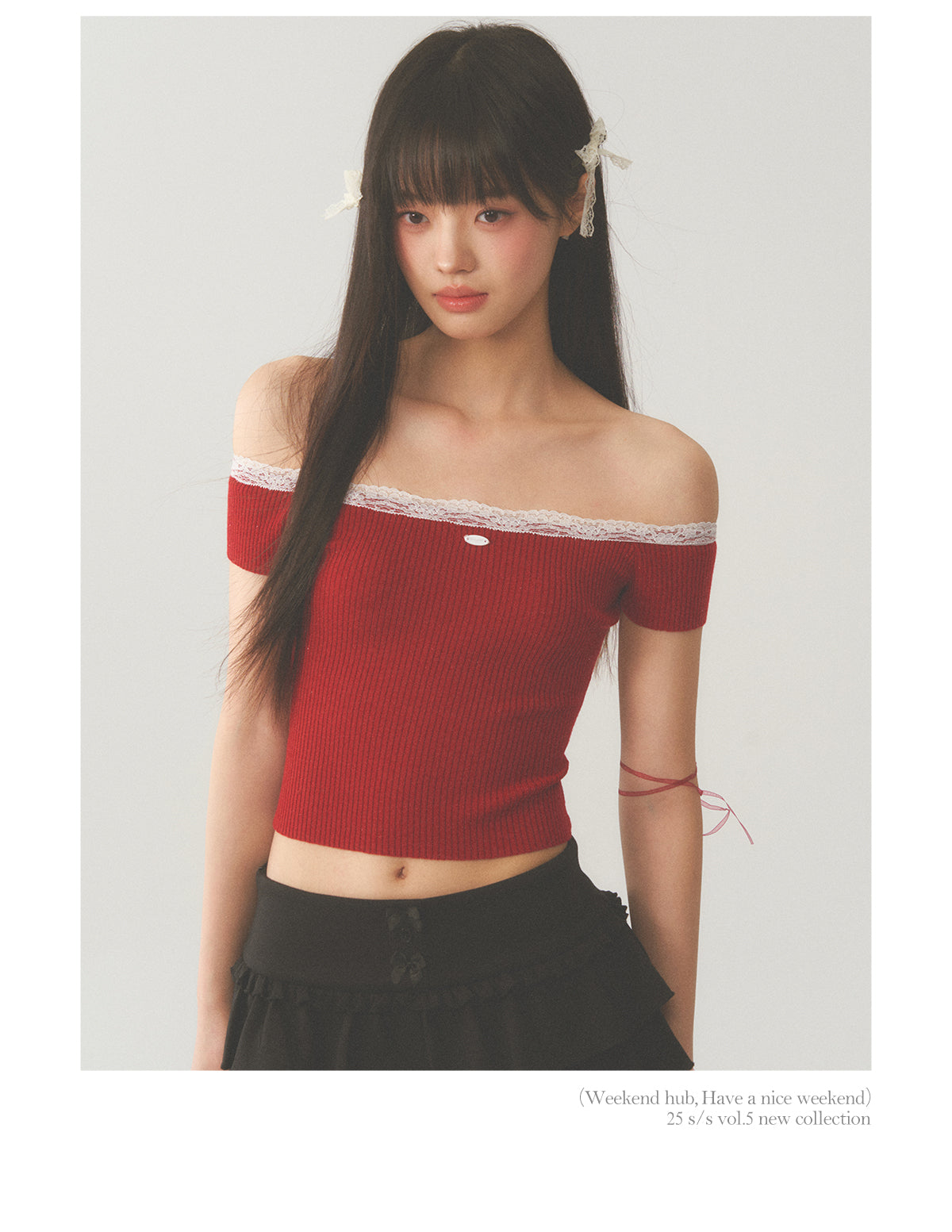 White Lace Neck Collar Trim Red Top