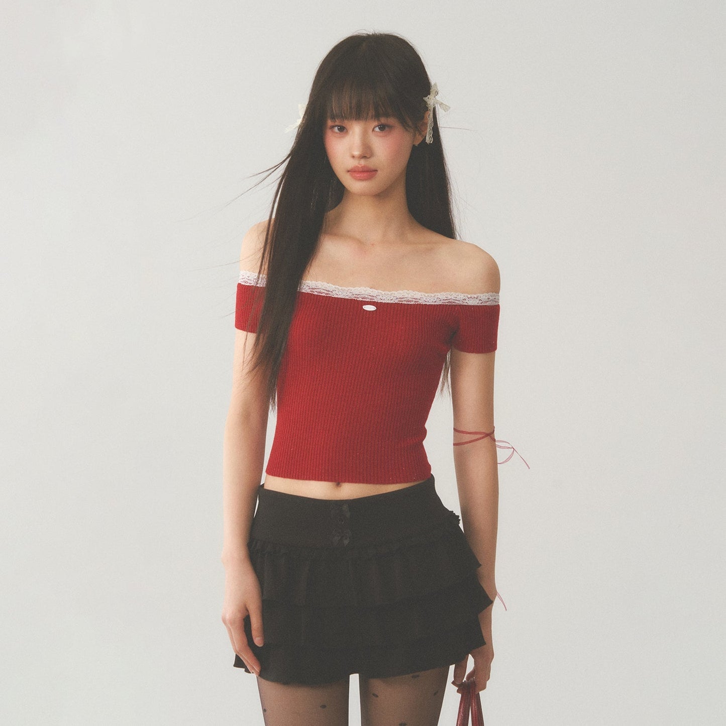 White Lace Neck Collar Trim Red Top