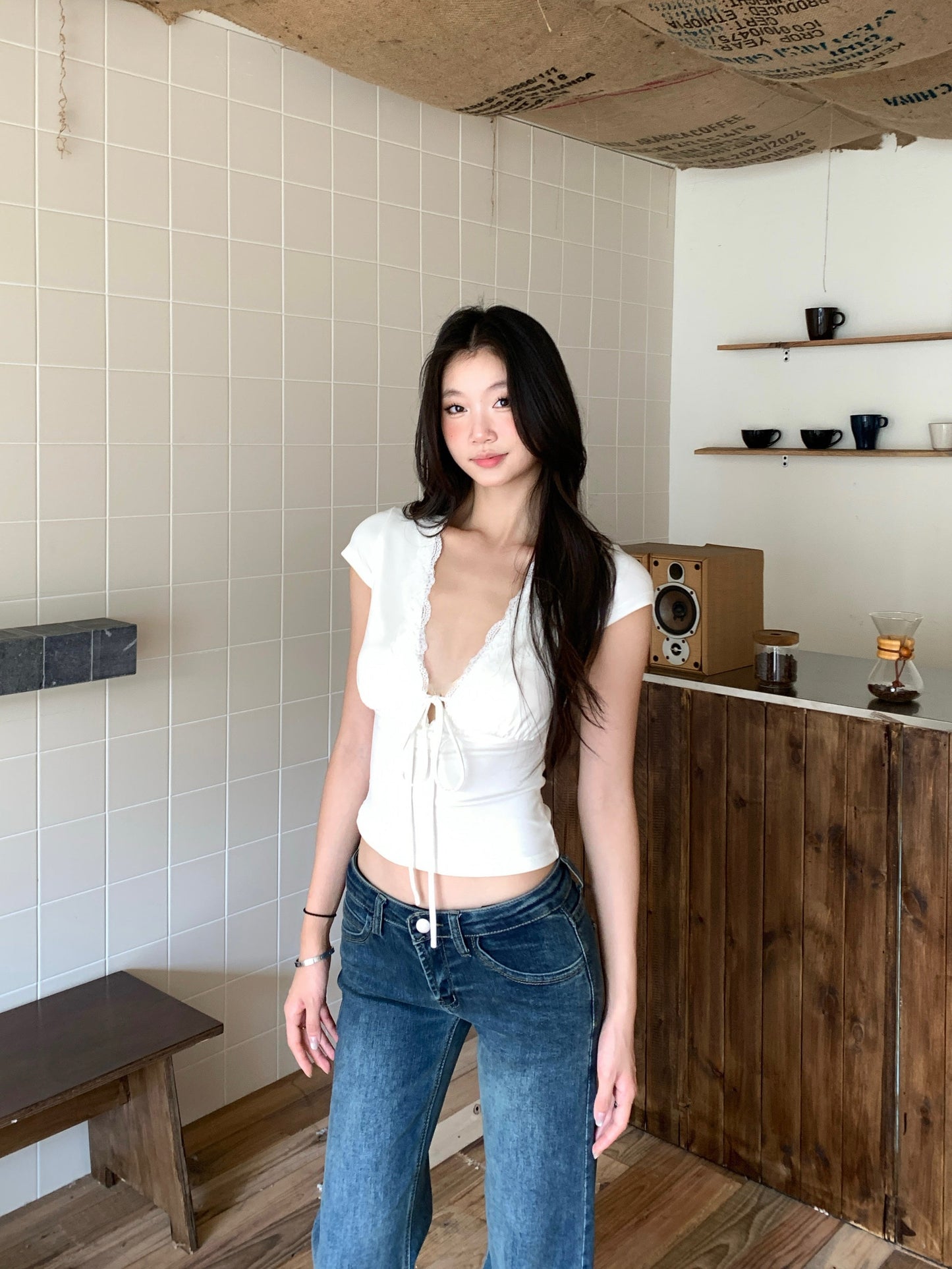 White Bow V-Neck Top