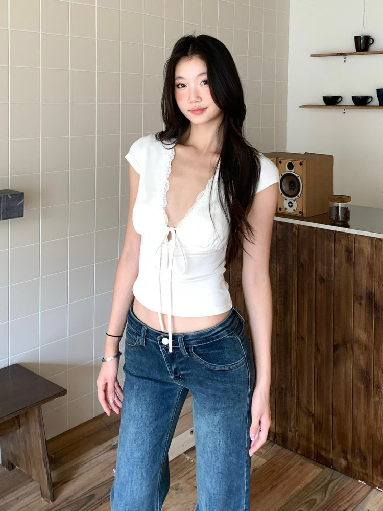 White Bow V-Neck Top