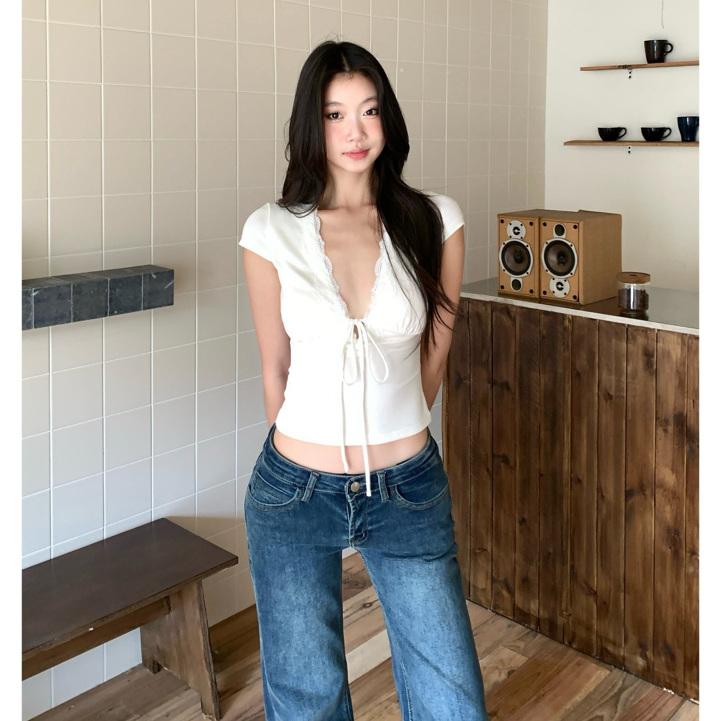 White Bow V-Neck Top