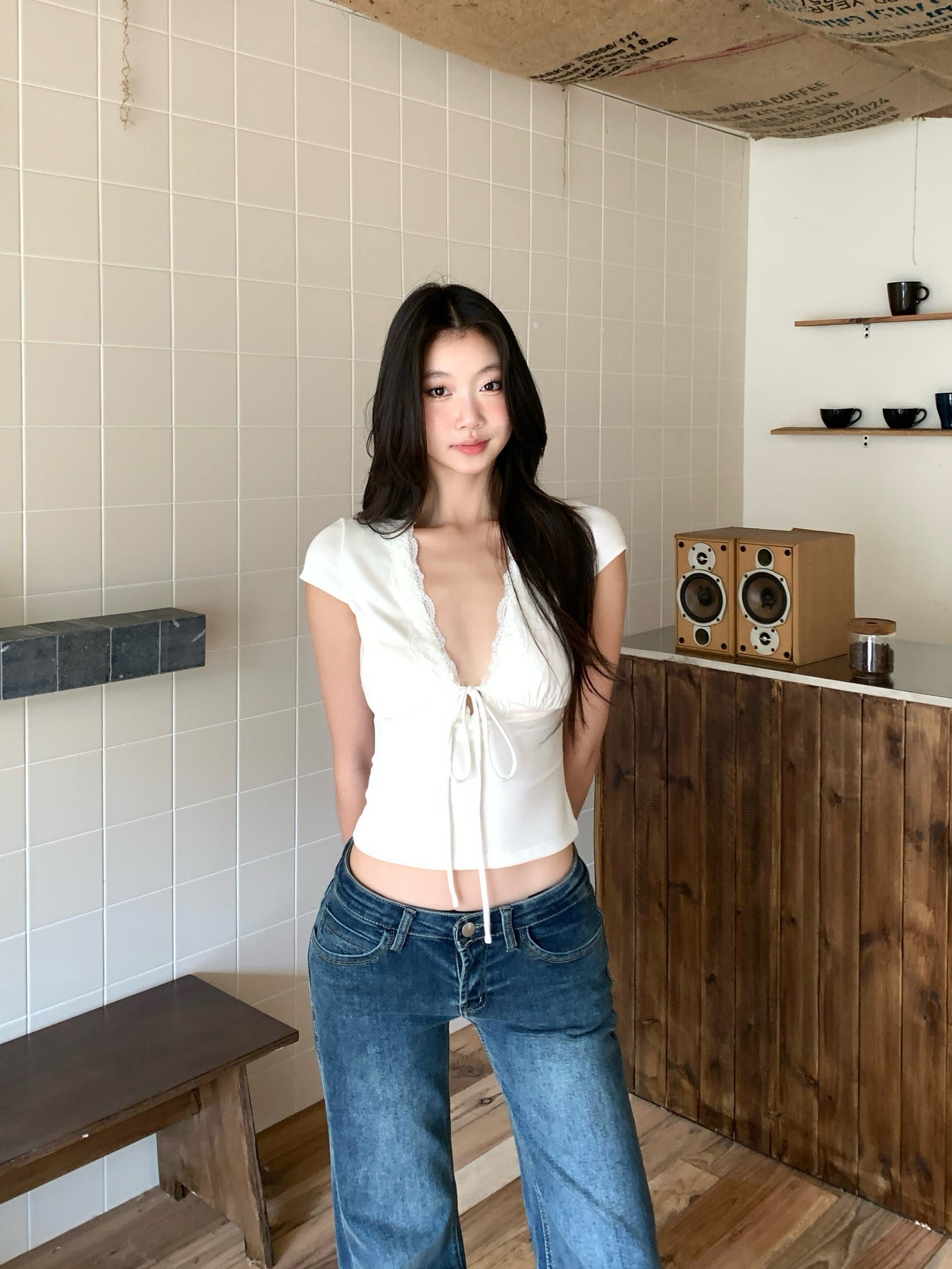 White Bow V-Neck Top
