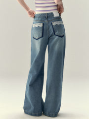 Lace-Panel Straight Denim Jeans