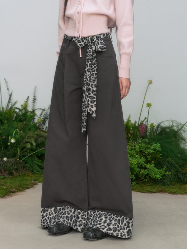 Leopard Print Cuff Casual Wide-Leg Pants