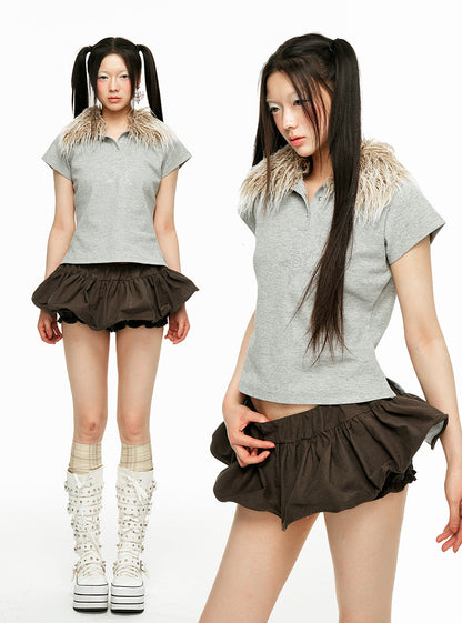 Rhinestone Fur Collar Polo Shirt