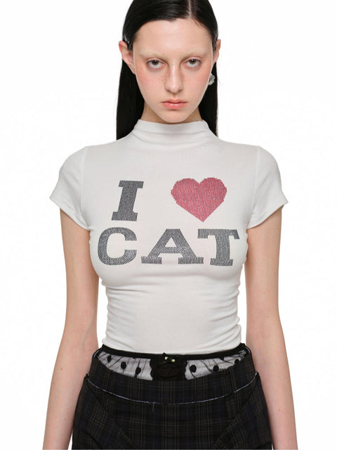 1Jinn Studio "I ♥ CAT" Rhinestone Fitted T-shirt