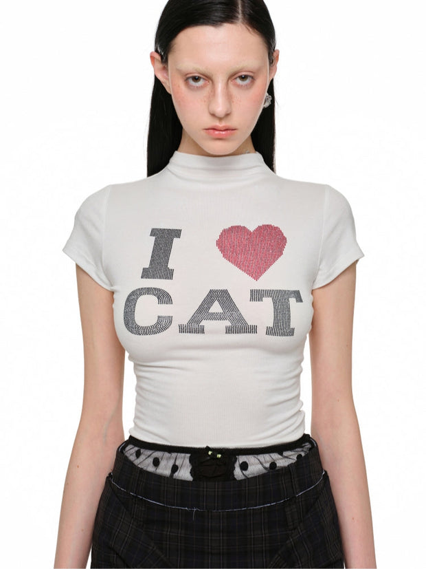 1Jinn Studio "I ♥ CAT" Rhinestone Fitted T-shirt