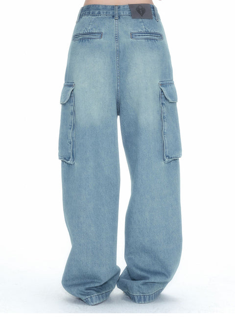 Multi-Pocket Wide Cargo Denim Pants