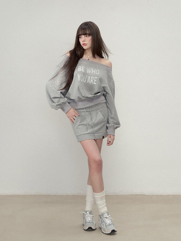 Rhinestone Letter One-Shoulder Sweatshirt & Skirt Set