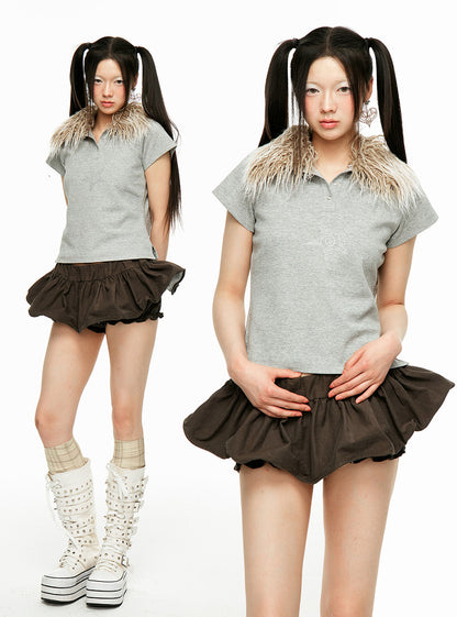 Rhinestone Fur Collar Polo Shirt