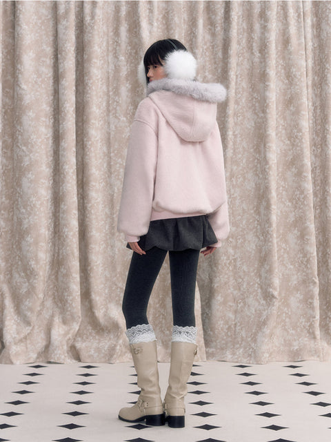 Pink Bow Tie Hooded Fur Baseball Jacket