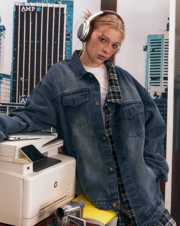 Denim Jacket Layered Check Shirt