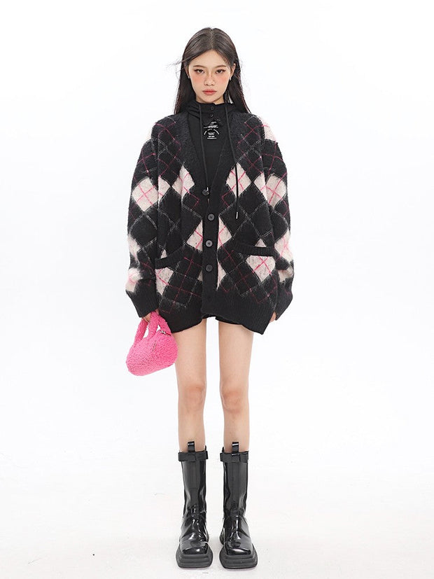 klia Argyle Fleece Cardigan