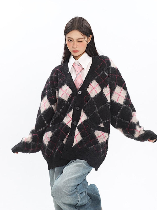 klia Argyle Fleece Cardigan