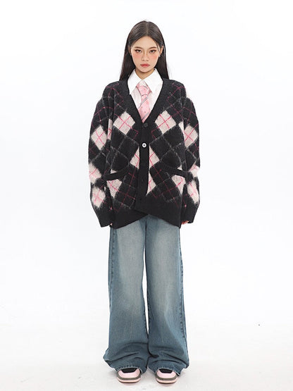 klia Argyle Fleece Cardigan