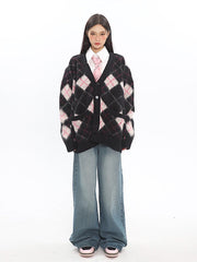 klia Argyle Fleece Cardigan
