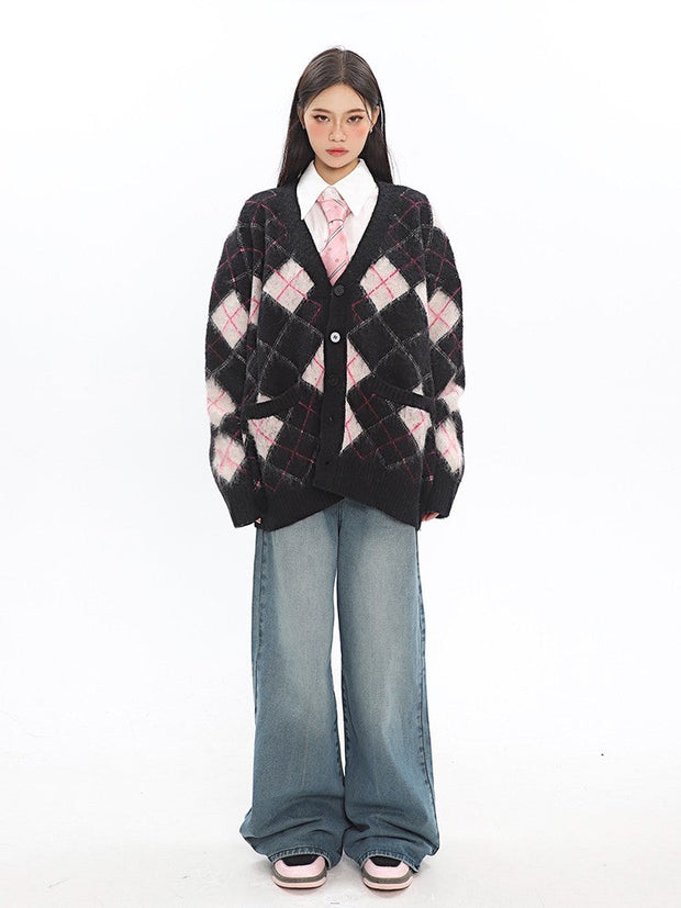klia Argyle Fleece Cardigan