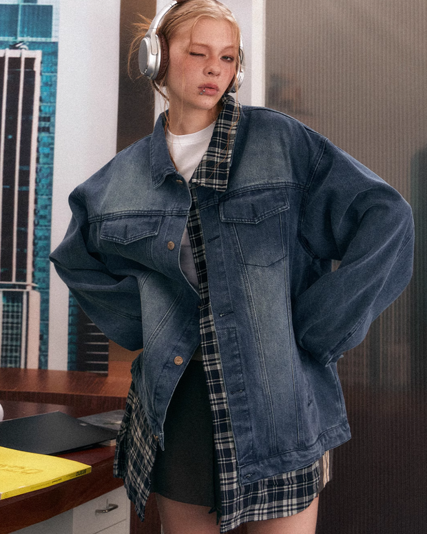 Denim Jacket Layered Check Shirt