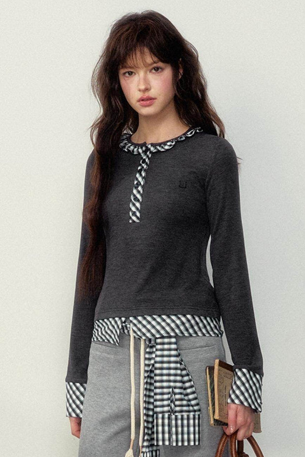 Plaid Accent Long-Sleeved Top - My Store