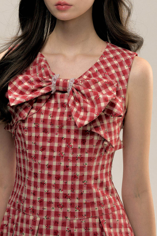 Red Check Floral Bow Vest Dress - My Store