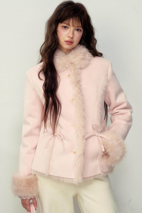 Khaki Pink Fur Integrated Jacket - My Store