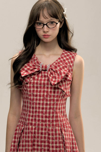 Red Check Floral Bow Vest Dress - My Store