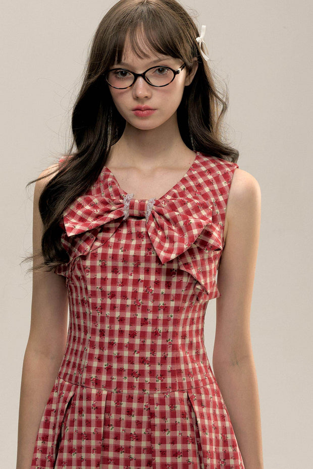 Red Check Floral Bow Vest Dress - My Store