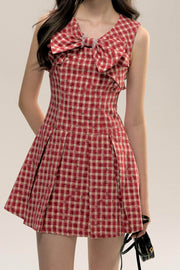 Red Check Floral Bow Vest Dress - My Store