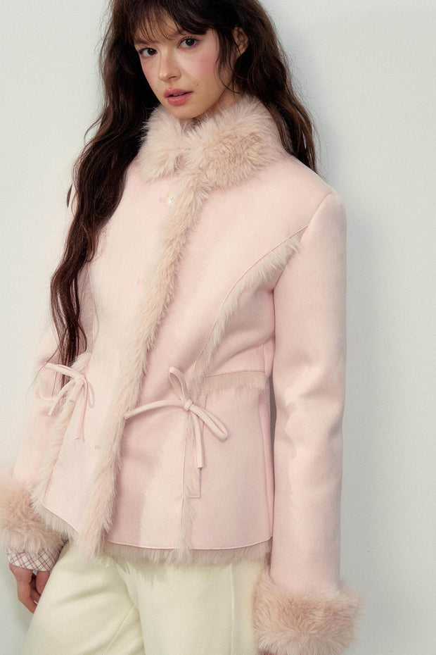 Khaki Pink Fur Integrated Jacket - My Store