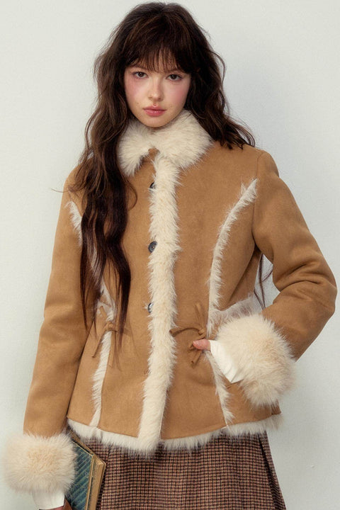 Khaki Pink Fur Integrated Jacket - My Store