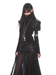 Zipper Knitted Leather Top/Mesh Leather Long Skirt